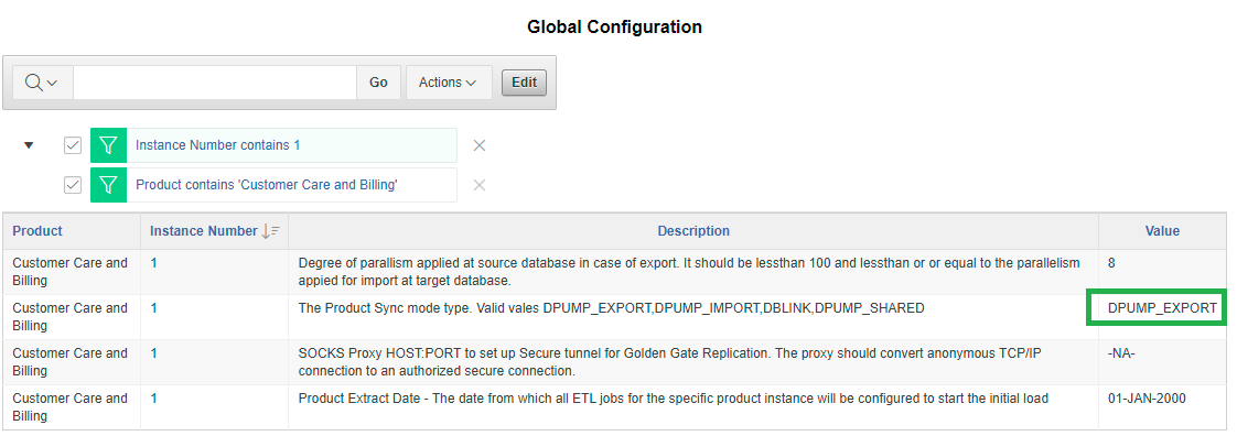 Global Configuration page displaying a search bar, a filtering section, and a four columns table: product, instance number, description, and value. The user is to update one of the values in the last column.