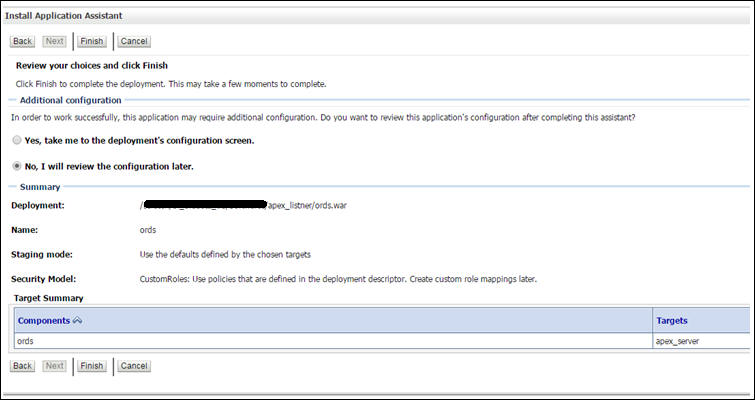 Install Application Assistant showing the Additional Configuration and Summary sections.