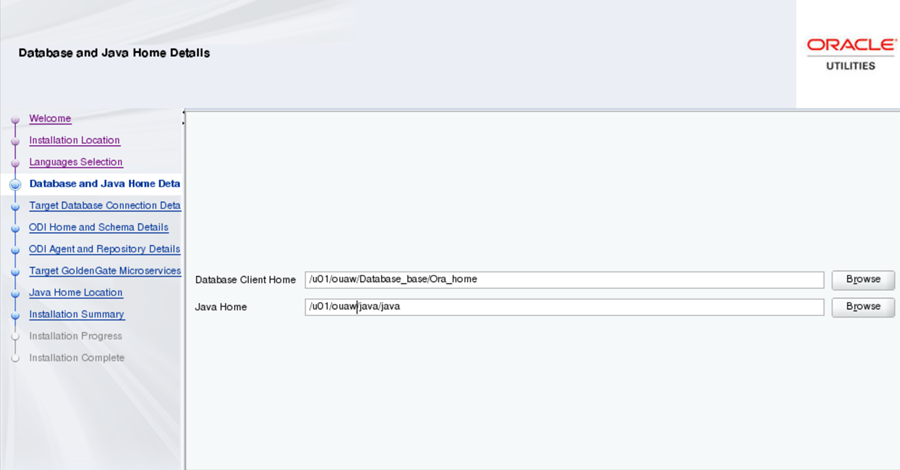 Database and Java Home Details screen, where the user is to browse for the appropriate Database Client and Java Home directories.