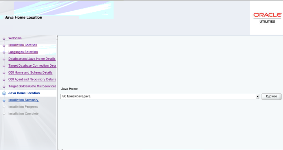 Java Home Location screen displays a dropdown menu where the user is to browse for the appropriate path.