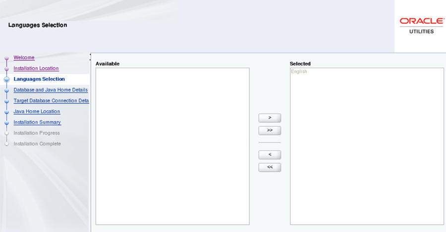 Language Selection screen. The left-hand section shows the languages available, and the right-hand section shows the languages selected by the user. Use the arrows in the middle of these two sections to move an available language to the Selected section.