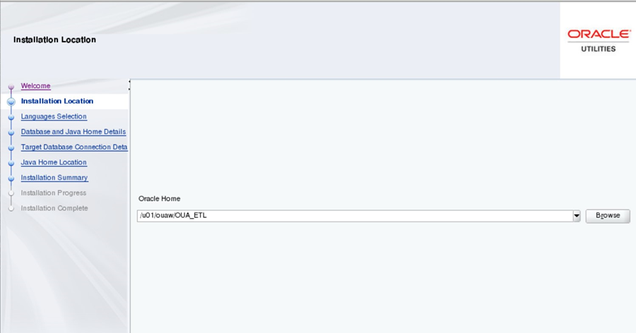 Installation Location screen displays a dropdown menu for the user to browse for the Oracle Home