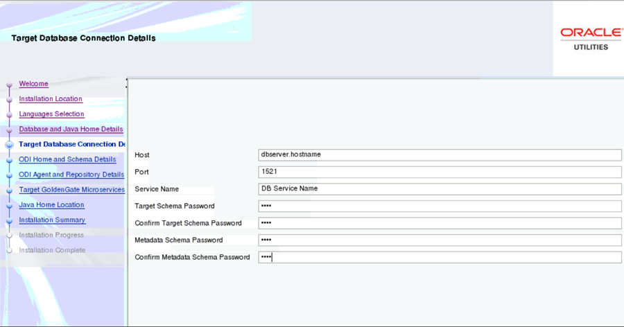 Target Database Connection Details screen shows seven text fields to be populated by the user.