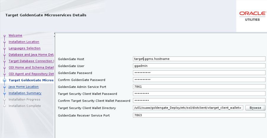 Target GoldenGate Details page displays seven text fields to be populated by the user.