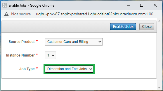 Enable Jobs window showing three dropdown menus for the user to indicate a source product, an instance number, and a job type. Enable Jobs, and Close buttons appear on the top of the window. 