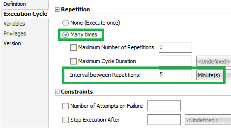 Scheduler screen with the Execution Cyclo tab expanded. There are two sections in this tab. In the first section, Repetition, Many times option is selected, and the Interval between Repetitions field is set to five. 