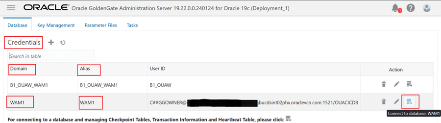 Navigate to Credentials then Action with Domain and Alias with the configured Context Code and select Connect to Database.