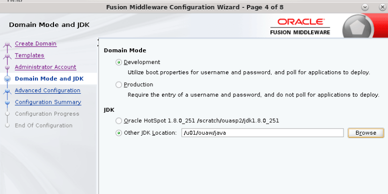 Select Production option under Domain Mode, and Other JDK Location under JDK.
