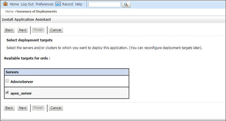 This screen shows the Install Application Assistant. Select the appropriate option in the Servers table.