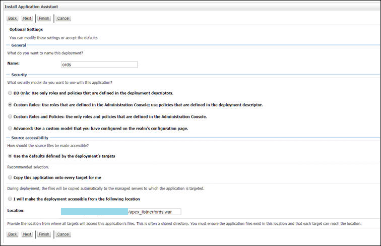 Install Application Assistant page, where the user is to select options in accordance with the table below.