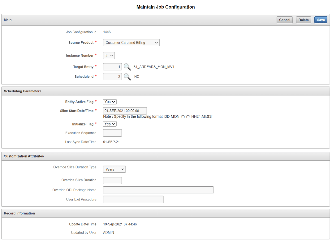 Maintain Job Configuration page showing the following sections, where the user is to enter various details: Main, Scheduling Parameters, Customization Attributes, and Record Information.