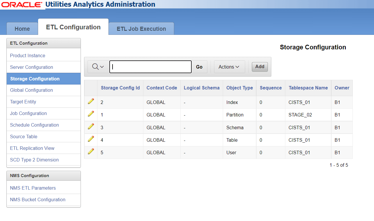 Storage Configuration page showing a search bar and a seven columns table that contains the following information: Storage configuration ID, context code, logical schema, object type, sequence, tablespace name, and owner. Find this page under ETL Configuration.