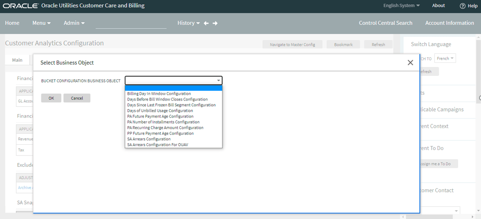 Screenshot showing how to open the Select Business Object drop-down menu and select the business object for which the buckets are to be configured.
