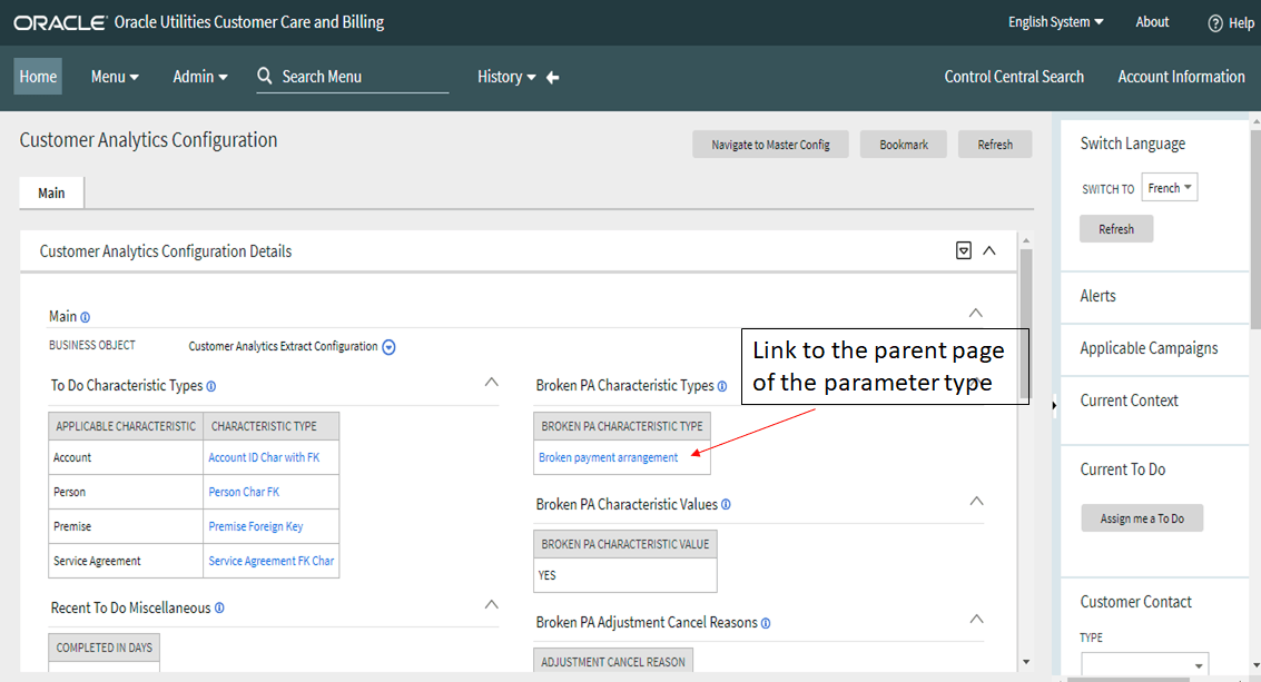 Customer Analytics Configuration Details page. Find the link to the parent page of the parameter type within the Broken PA Characteristic Types section.