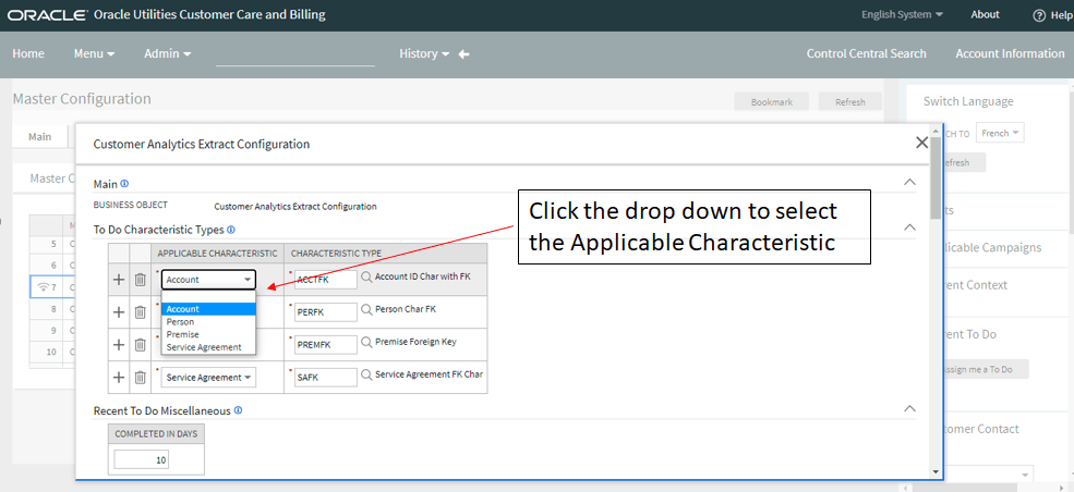 Customer Analytics Extract Configuration window. Here, the To Do Characteristic Types table is shown. Each of the rows in this table has a drop-down menu for the user to search for an applicable characteristic.