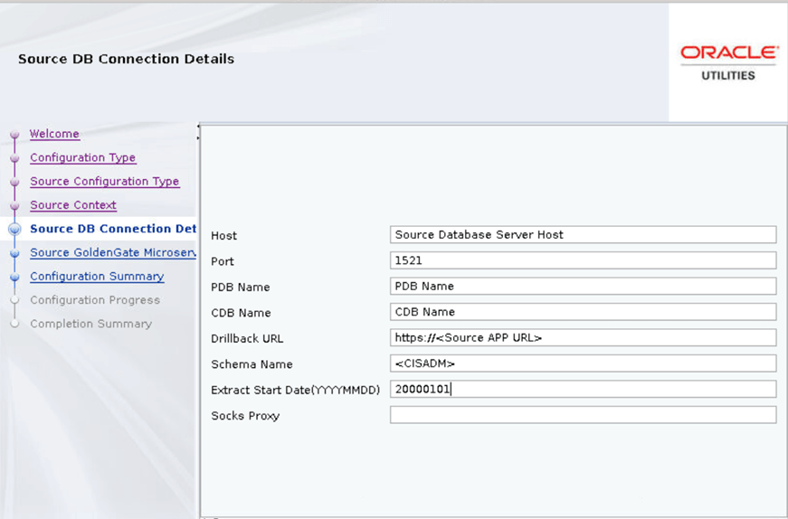 Operation Engine page, Source DB Connection Details screen, where there are eight text fields to be populated by the user.