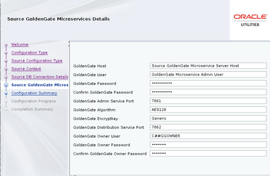 Operation Engine page, Source Goldenate Details screen. This screen contains ten text fields to be populated by the user.