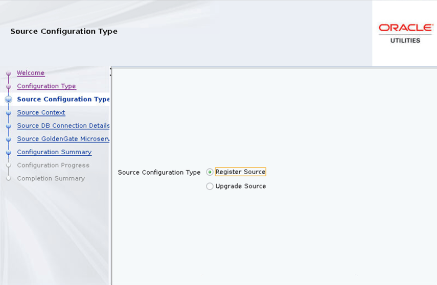 Operation Engine page, Source Configuration Type screen. Register Source is the first of two options.
