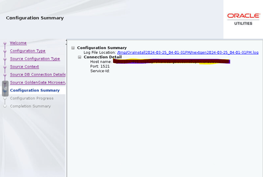 Operation Engine page, Configuration Summary screen. It shows the log file location and connection details.