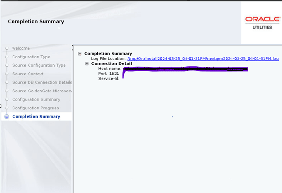 Completion Summary screen showing the details of the configuration.