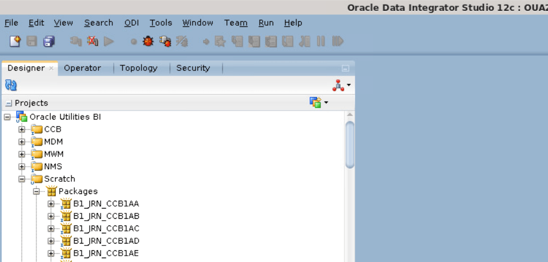 Packages option expanded within Scratch folder under Oracle Utilities BI option in the Designer tab of the Oracle Daa Integrator Studio.