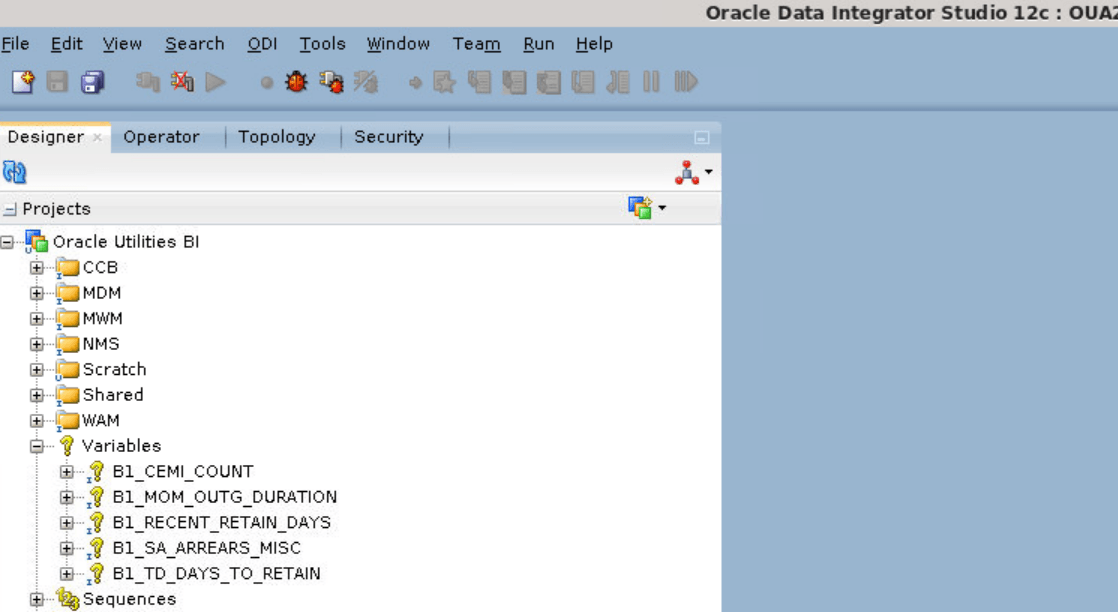 Variables option expanded. Go to the Designer tab in Oracle Data Integrator, and then expand the Oracle Utilities BI option to find Variables.