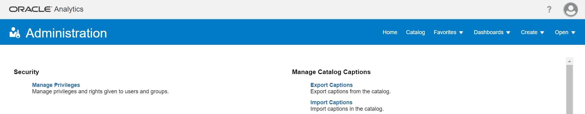 Oracle Analytics Administration page. The page layout presents two columns of content. Security is the first entry on the left-hand column of the layout.