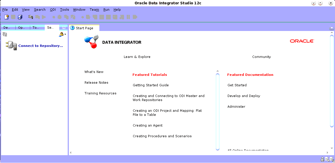 Data Integrator Start Page appears in the right-hand and main section of the ODI studio.