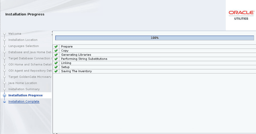 Installation Progress page shows the completion percentage of the installation.