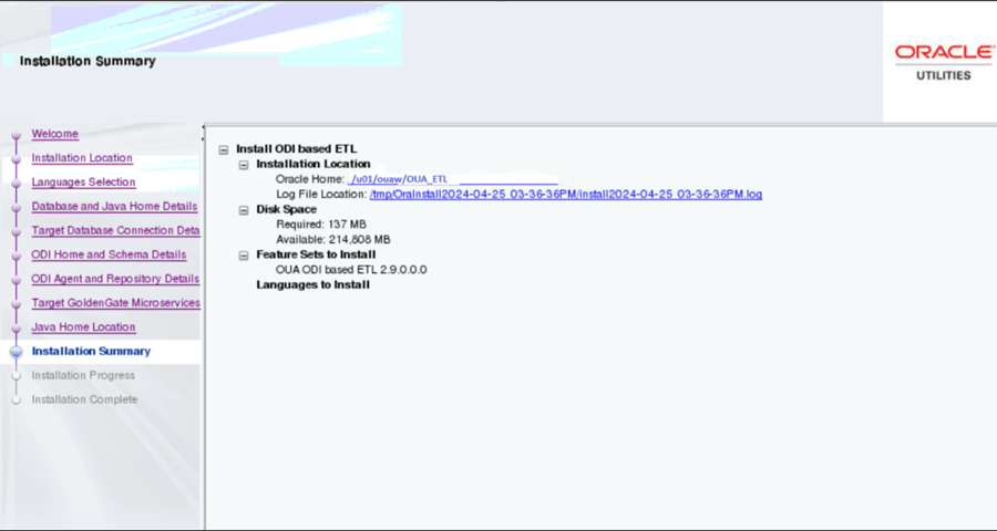 Installation Summary page, where the user can find details on the installation.