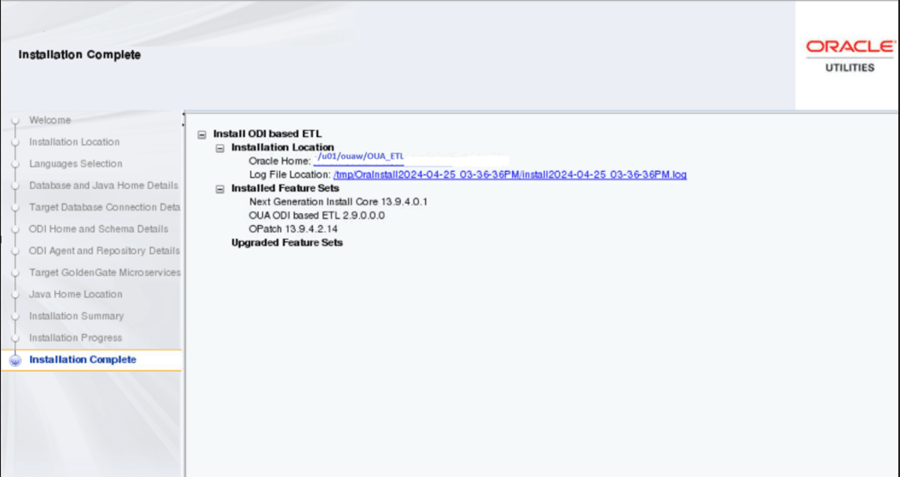 Installation Completion page shows the details of the installed ETL.