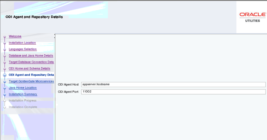 ODI Agent and Repository Details screen displays two text fields to be populated by the user with the appropriate host and port.