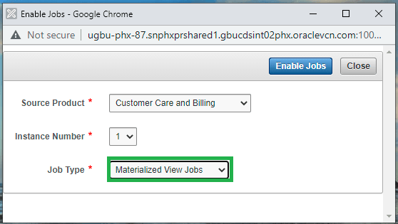 Enable Jobs window showing three drop-down menus for the user to indicate a source product, an instance number, and a job type. Enable Jobs, and Close buttons appear on the top of the window.