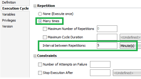 Scheduler screen with the Execution Cyclo tab expanded. There are two sections in this tab. In the first section, Repetition, Many times option is selected, and the Interval between Repetitions field is set to five.