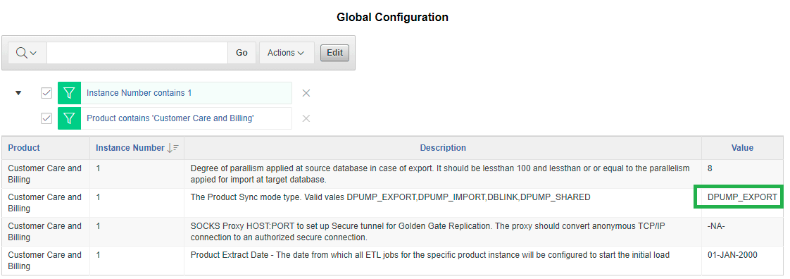 Global Configuration page displaying a search bar, a filtering section, and a four columns table: product, instance number, description, and value. The user is to update one of the values in the last column.