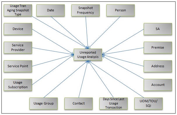 Entity Relationship diagram of the Unreported Usage Analysis Snapshot fact.