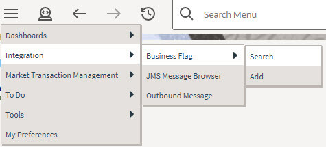 This sscreenshot shows the Main Menu expanded, with highlight on the Search option, which is under Business Flag, which is a child to Integration option.
