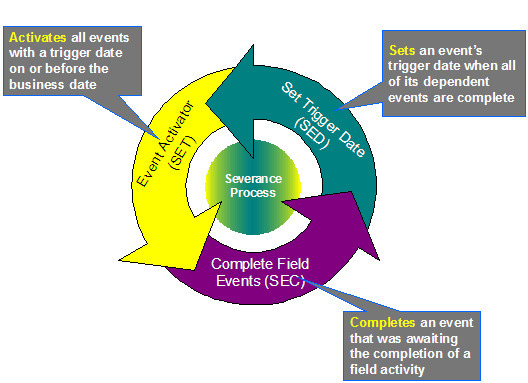 The Severance background processes are the Set Trigger Date (SED), Event Activator (SET), and Complete Field Events (SEC). SED sets an event's trigger date when all dependent events are complete. SET activates all events with trigger dates that is on or before the business date. SEC completes an event that is waiting for the completion of a field activity.