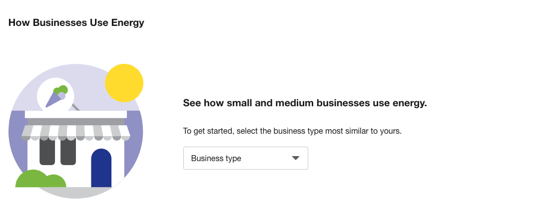 This screenshot shows an example of the business type selection menu for the How Businesses Use Energy feature.