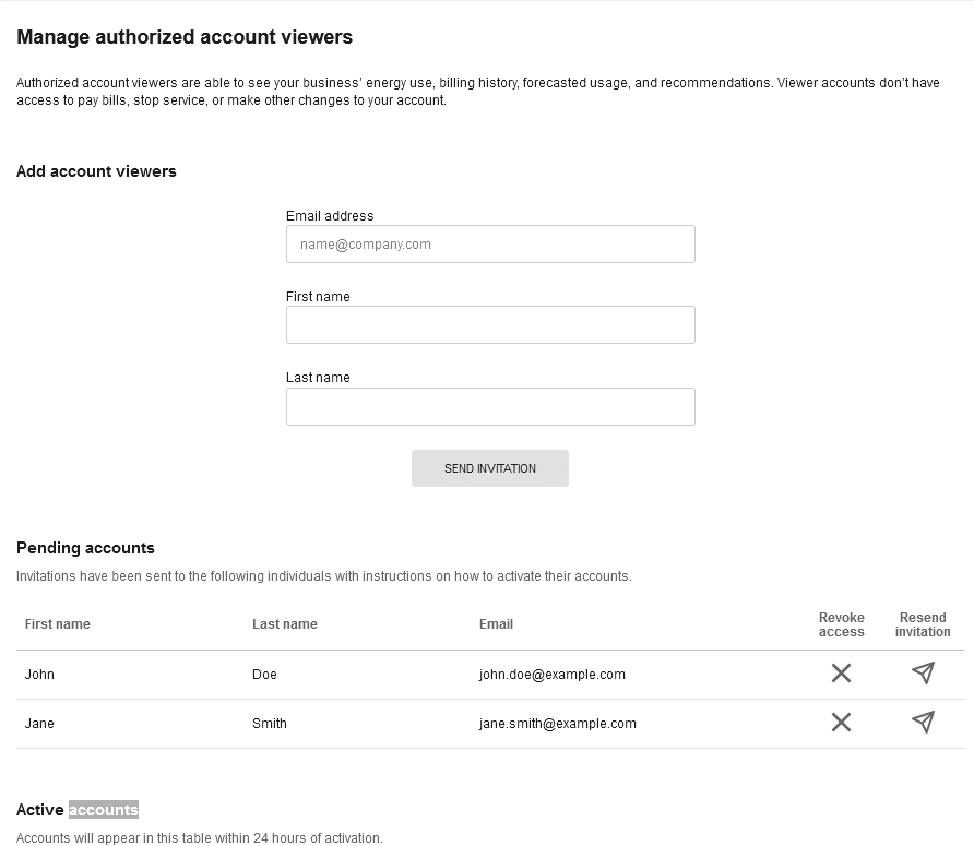 This screenshot shows an example of the Manage Authorized Account Viewers widget, which includes three sections: a section to add account viewers, a section to list pending accounts, and a section to list active accounts.