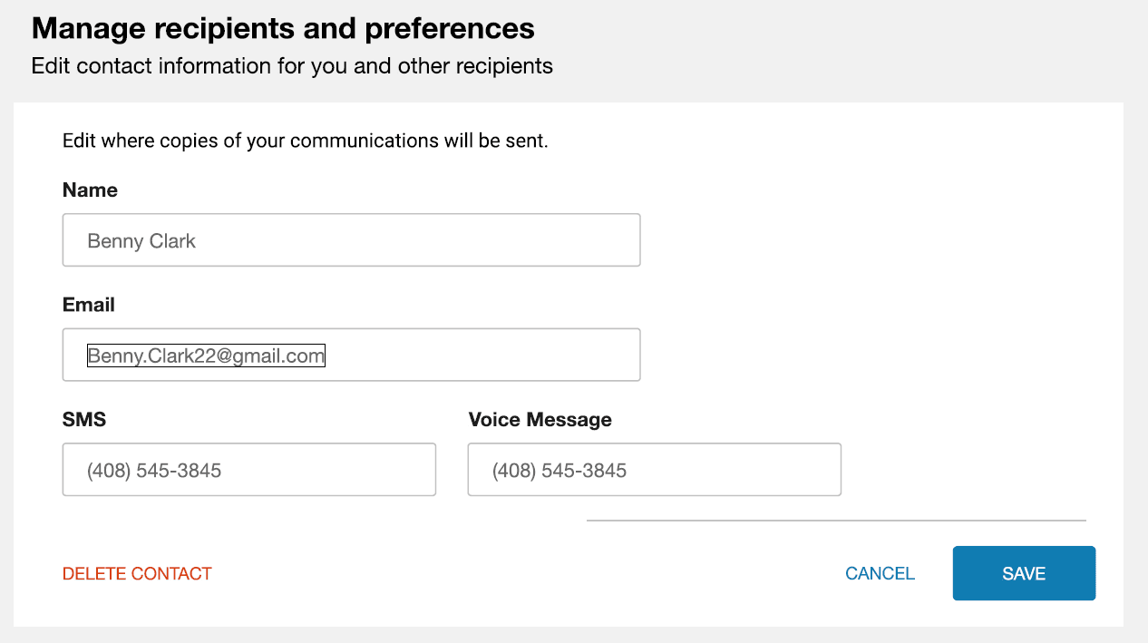 Example screenshot of a contact preferences form like the previous one, but with an additional recipient's information entered and a button to be able to delete the contact.