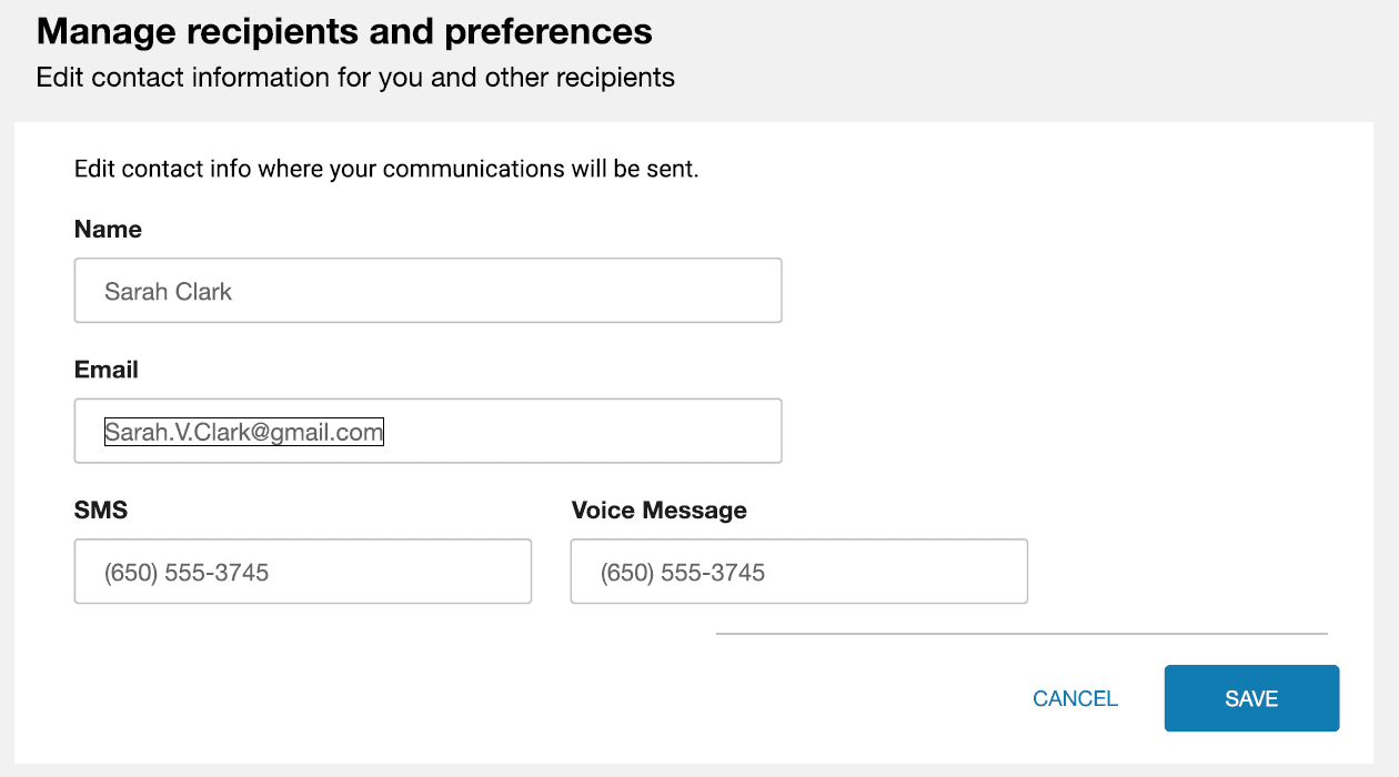 Example screenshot of a contact preferences form, allowing users to edit name, email, text message, and voice message details. Options to delete the contact, cancel, or save changes are shown.
