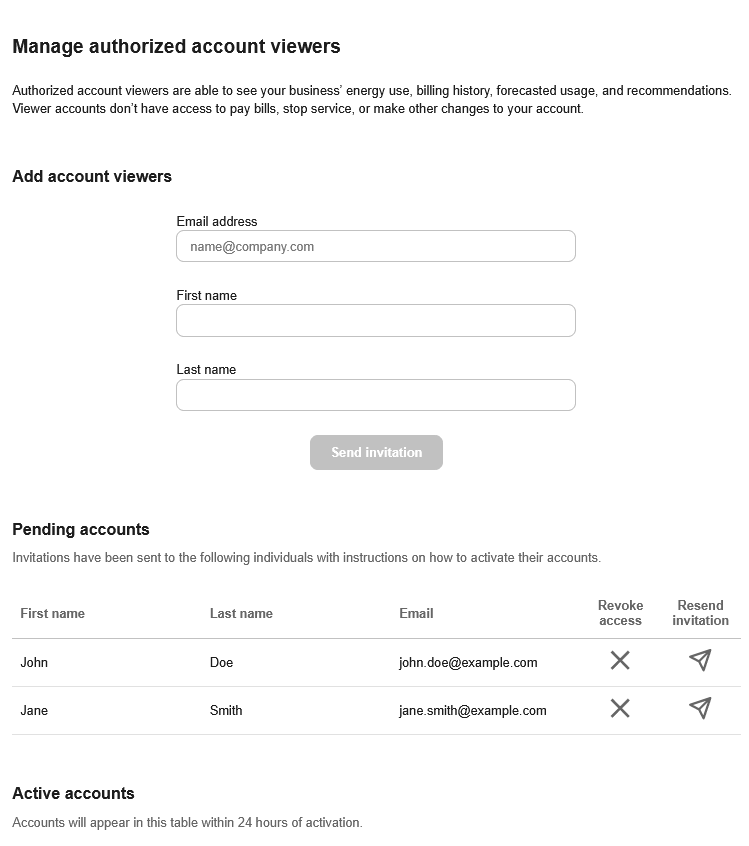This screenshot shows an example of the Manage Authorized Account Viewers widget, which includes three sections: a section to add account viewers, a section to list pending accounts, and a section to list active accounts.