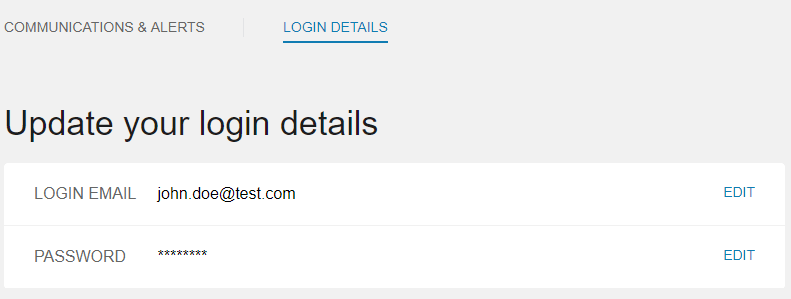 Login details options to change the login email and password
