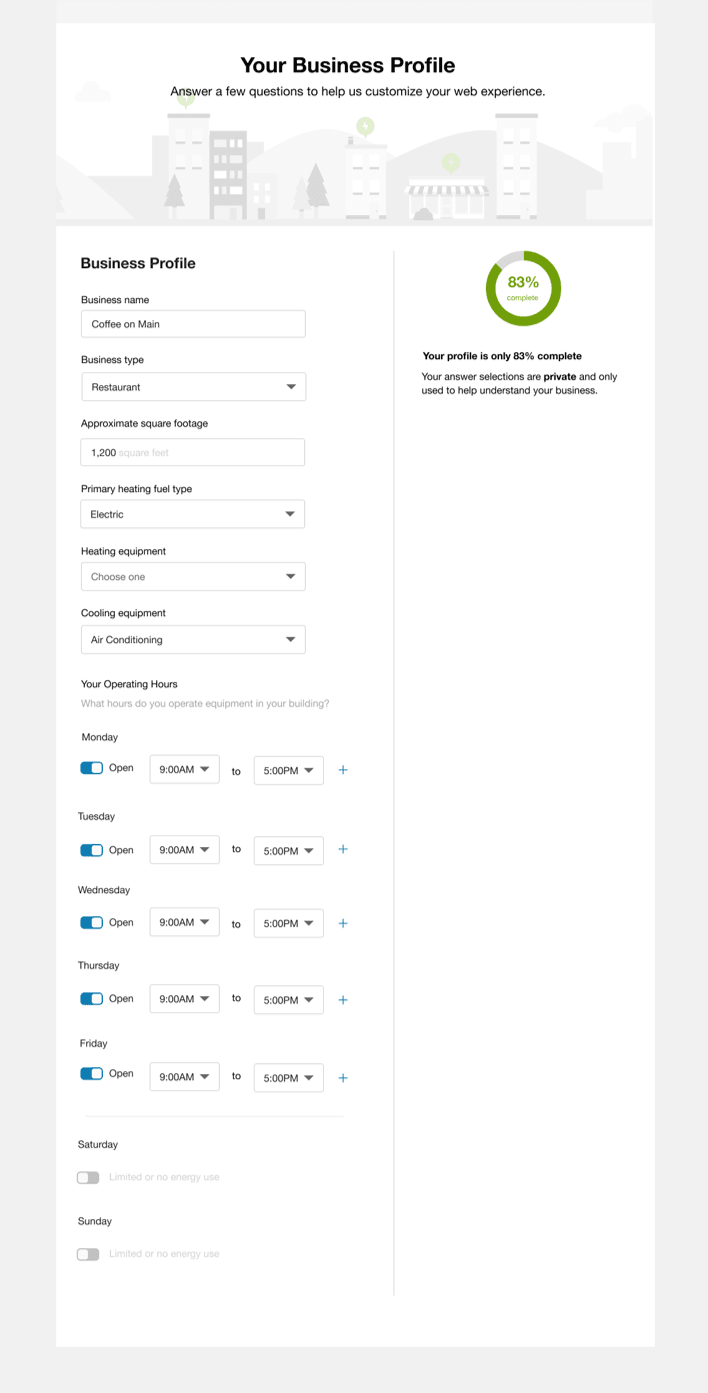 This image shows how the business profile looks when a customer has started but not completed the profile. The progress wheel shows a partially complete percentage.