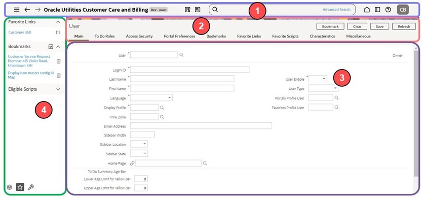 Présentation générale affichant les quatre zones principales : la barre d'outils de l'application en haut, la zone de titre de la page en dessous, suivie de la zone d'affichage de l'objet et la zone de la barre latérale, qui est un menu vertical situé sur le côté gauche de la page.