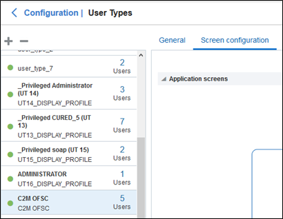 User Types page detail. Screen configuration is the second tab from left to right.