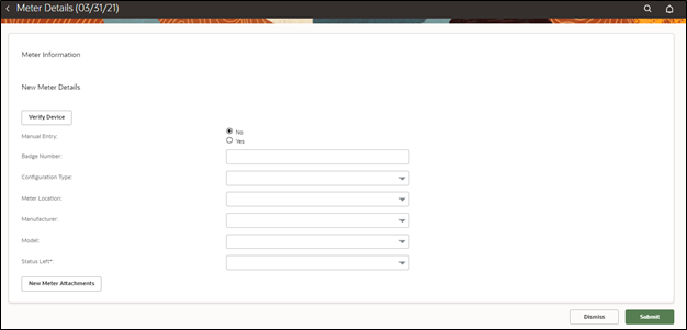 Meter information page with several text fields. The Submit button is located on the bottom right corner.