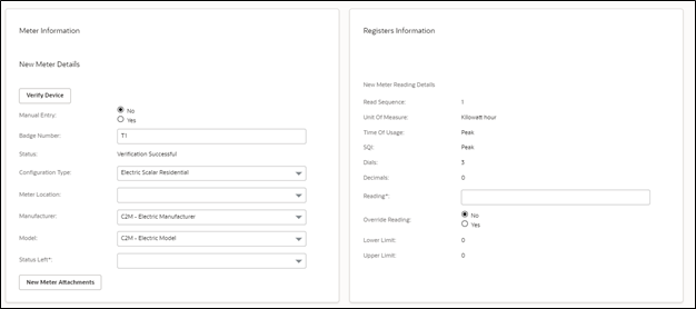 Meter information section on the left column, and Registers information section on the right column.