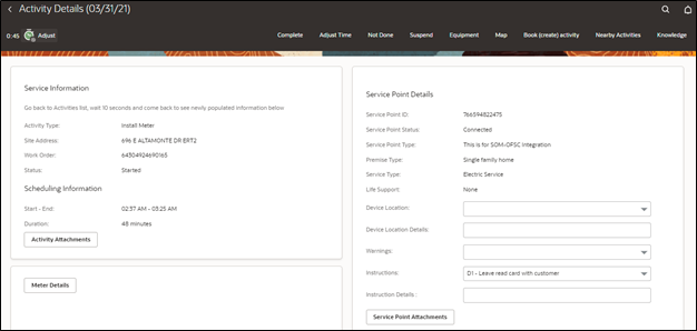 Activity Details page showing the service information on the left column, and the service point details on the right. The Complete button is located at the top of the page and it is the first button from left to right.